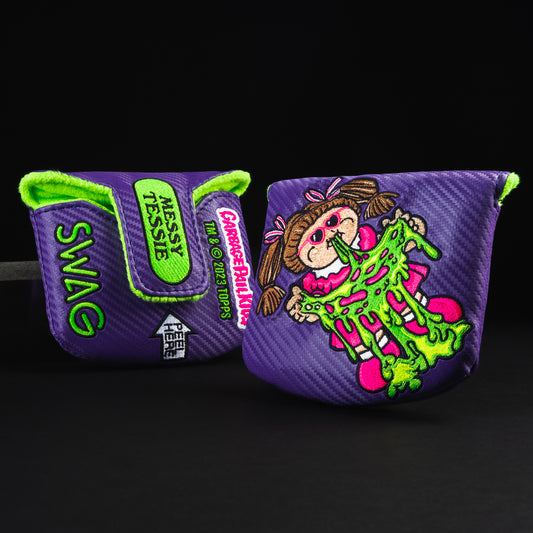Garbage Pail Kids Messy Tessie purple and neon green themed mallet golf putter head cover made in the USA.