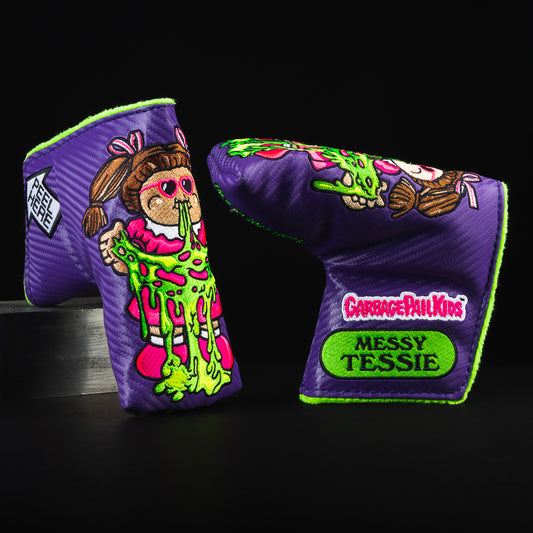 Garbage Pail Kids Messy Tessie themed purple and neon green blade golf putter head cover made in the USA.