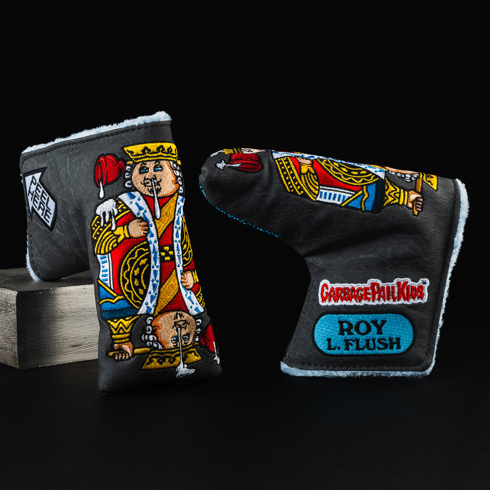 Garbage Pail Kids officially licensed Roy L. Flush black, red and yellow blade putter golf head cover made in the USA.