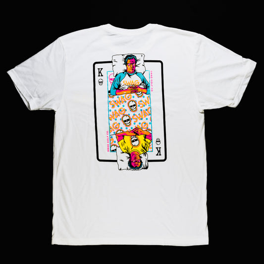 Swag Golf Co movie themed white short sleeved graphic print t-shirt.