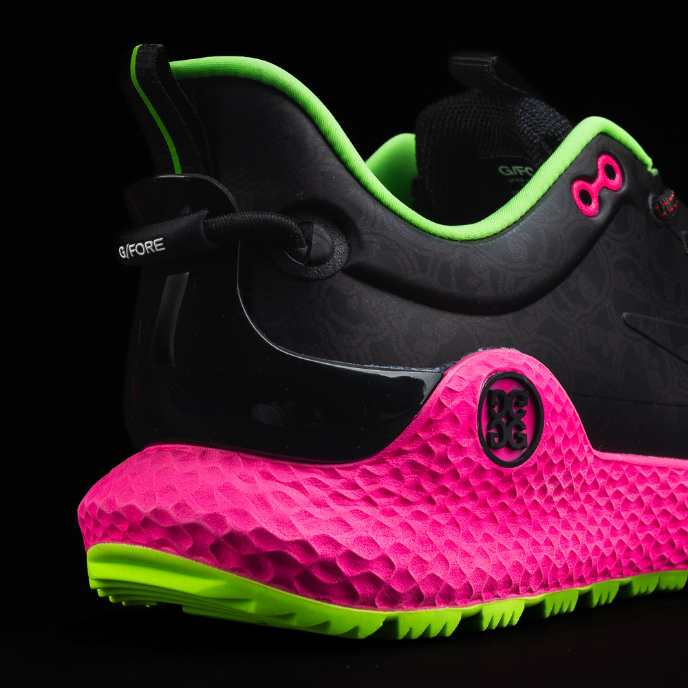 SWAG Golf x G/FORE Men's MG4+
O2 black golf shoe with neon green and pink accents and a stacked SWAG skulls pattern.