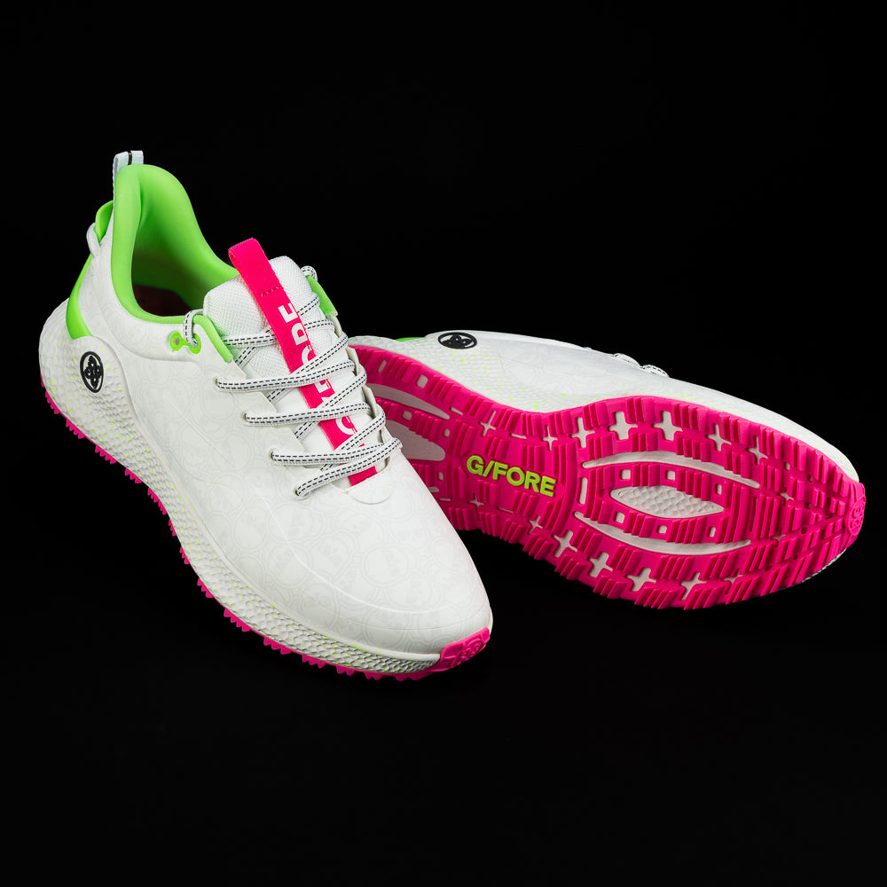 SWAG x G/FORE Men's MG4+ O2 white, neon pink, and neon green golf shoe with stacked SWAG skull design.