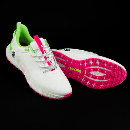 SWAG x G/FORE Men's MG4+ O2 white, neon pink, and neon green golf shoe with stacked SWAG skull design.