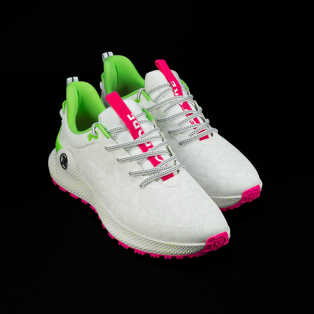 SWAG x G/FORE Men's MG4+ O2 white, neon pink, and neon green golf shoe with stacked SWAG skull design.