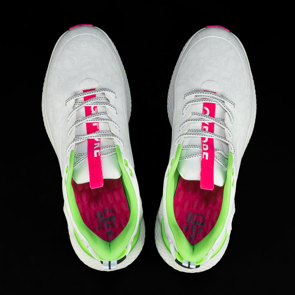 SWAG x G/FORE Men's MG4+ O2 white, neon pink, and neon green golf shoe with stacked SWAG skull design.