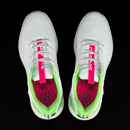 SWAG x G/FORE Men's MG4+ O2 white, neon pink, and neon green golf shoe with stacked SWAG skull design.