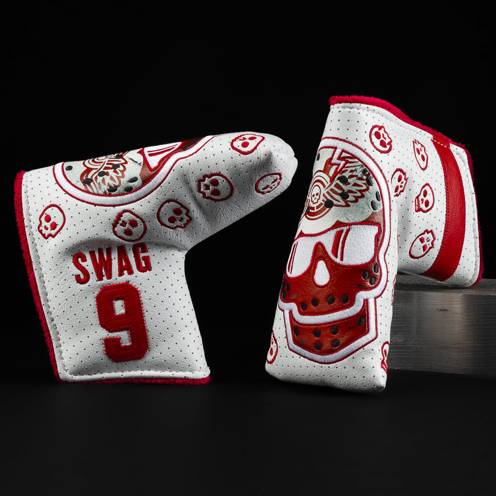 Gordie Swag special white and red hockey themed skull blade putter golf head cover made in the USA.