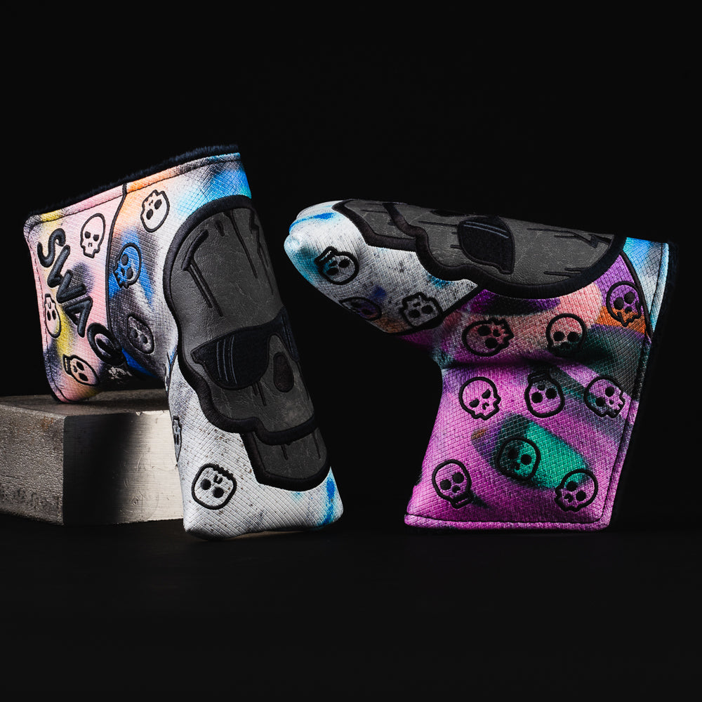 Spray Paint skull black, white, purple, blue and yellow blade putter golf head cover made in the USA.