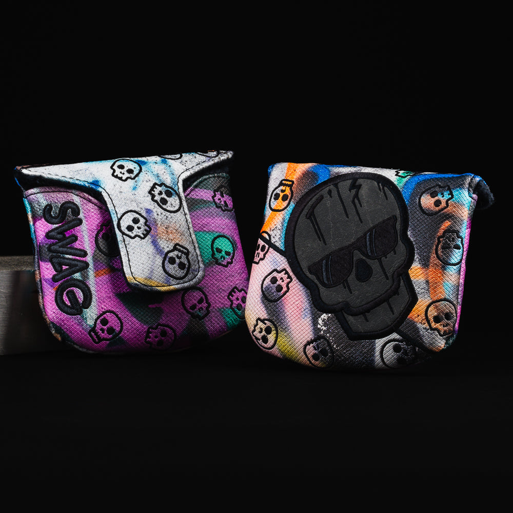 Spray Paint skull black, white, purple, orange, and blue mallet putter golf head cover made in the USA.