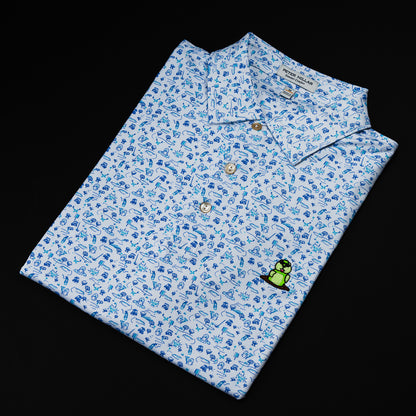 Swag x Peter Millar Caddyshack print men's short sleeve white performance golf polo shirt.