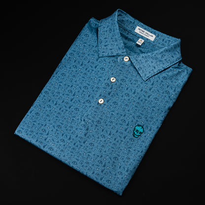 SWAG x Peter Millar blue men's short sleeve performance golf polo shirt.