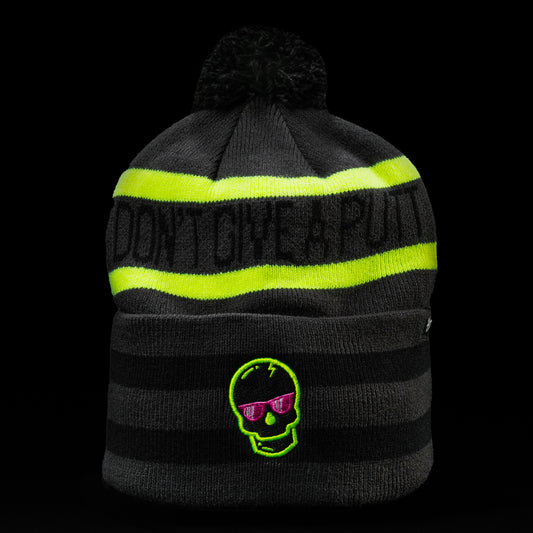 Swag x 47 brands gray, black, and yellow skull cuff knit pom beanie.