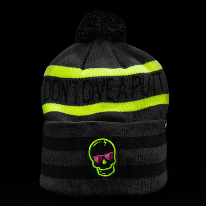 Swag x 47 brands gray, black, and yellow skull cuff knit pom beanie.