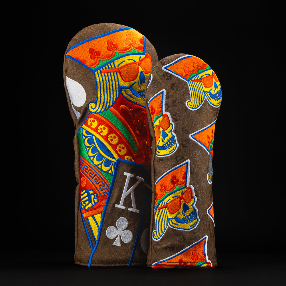 Candy King Chocolate Coated driver and fairway headcover in brown, green, blue, yellow and white. 