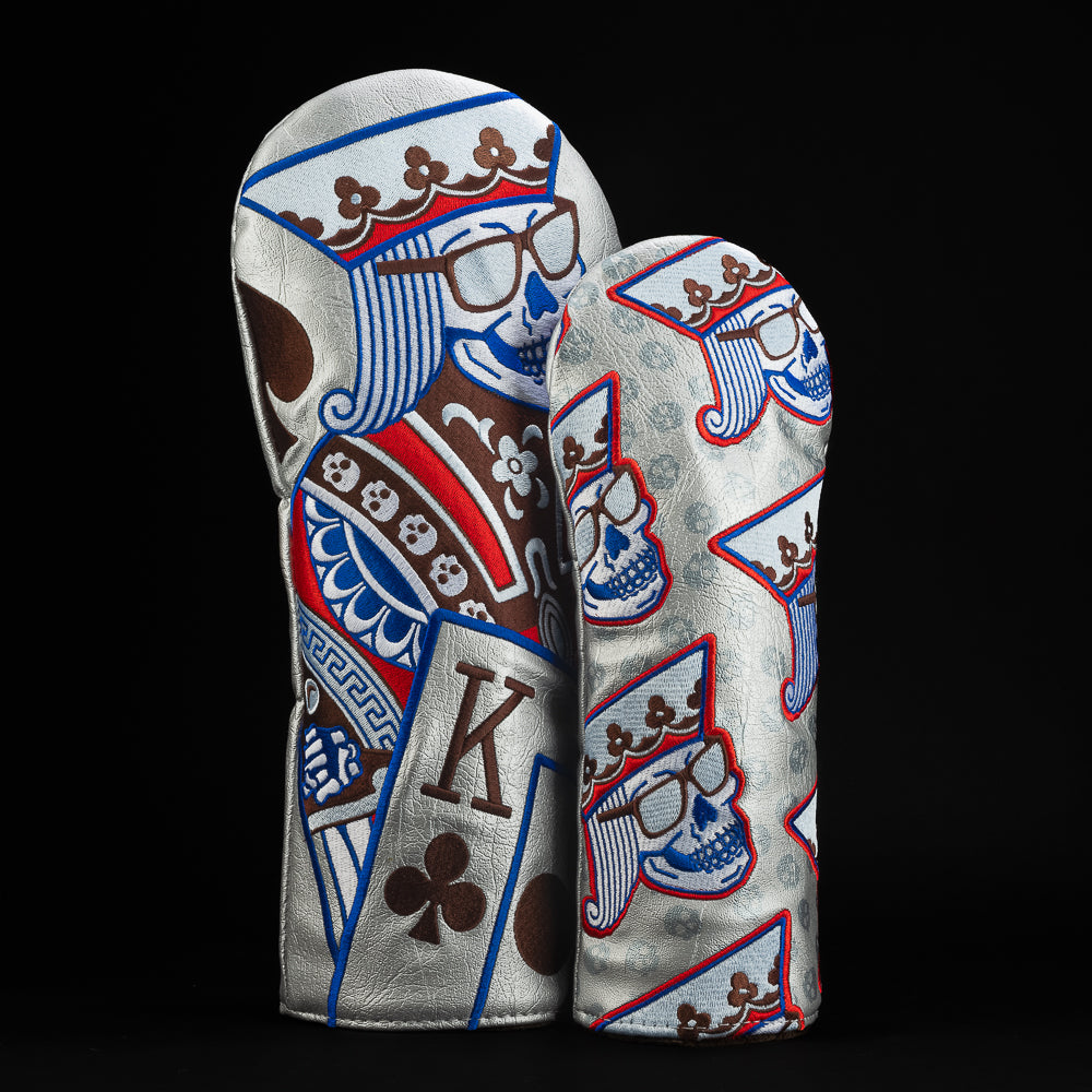 Kings of Nougat Candy driver and fairway headcover in silver, blue, brown and red.  