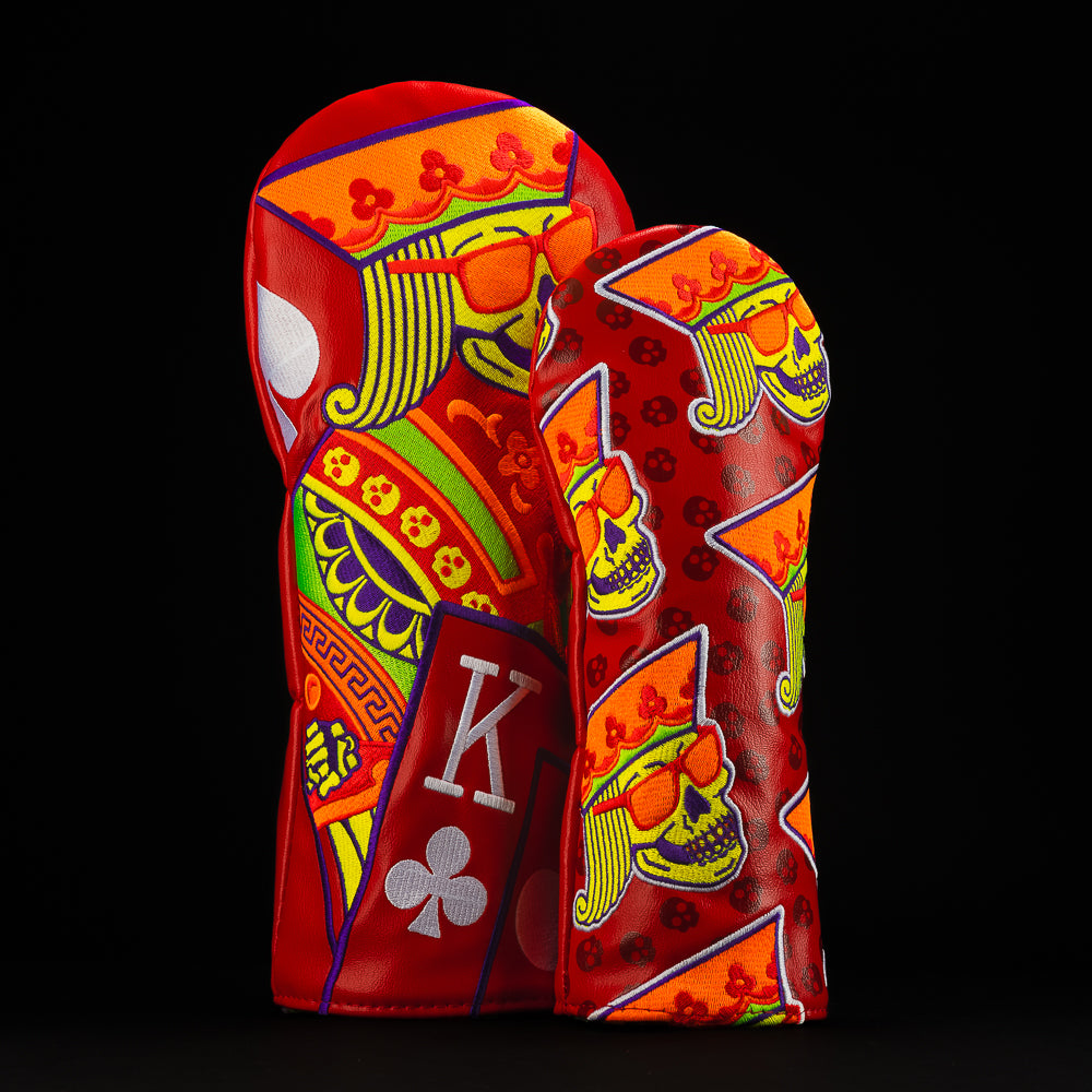 Rainbow Candy King driver and fairway headcover in red, purple, yellow, white and green.