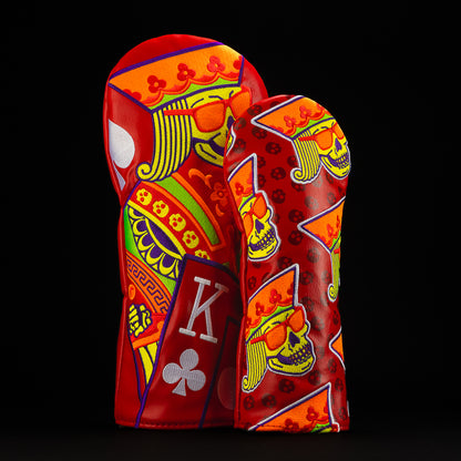 Rainbow Candy King driver and fairway headcover in red, purple, yellow, white and green.
