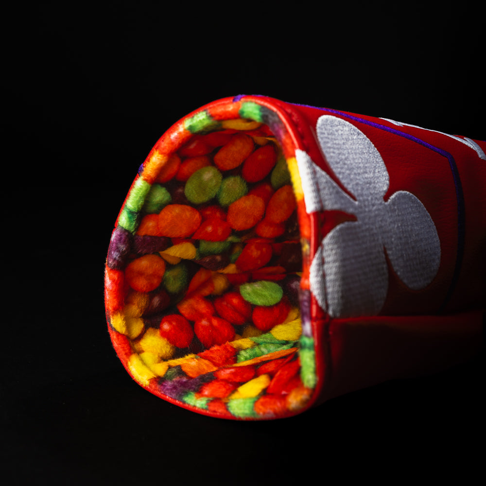 Rainbow Candy King driver and fairway headcover in red, purple, yellow, white and green.