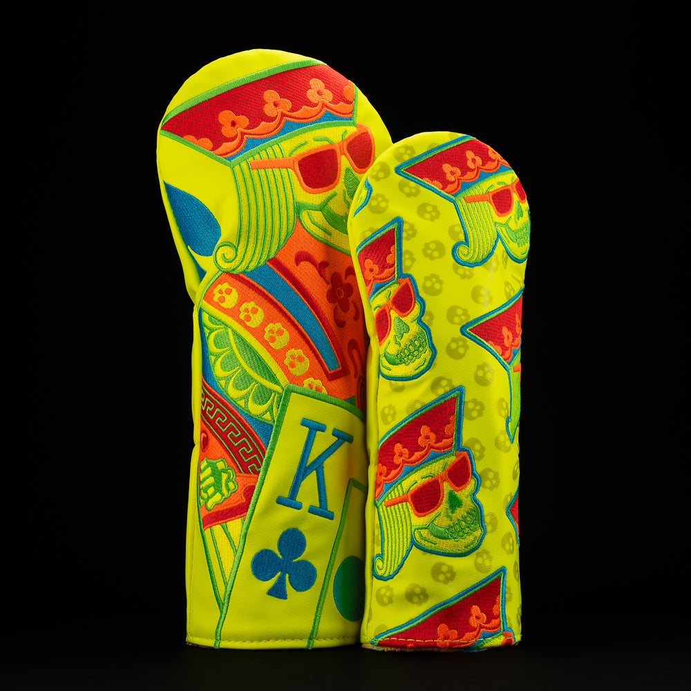 Sour Candy King driver and fairway headcover in neon green, neon yellow, blue, red and orange.