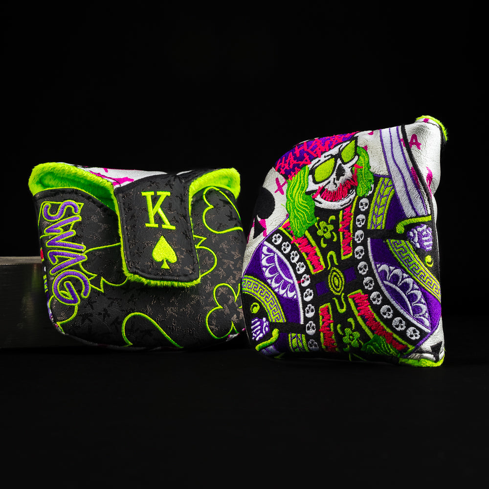 Defaced King mallet putter golf headcover in black with lime green, pink and pink.