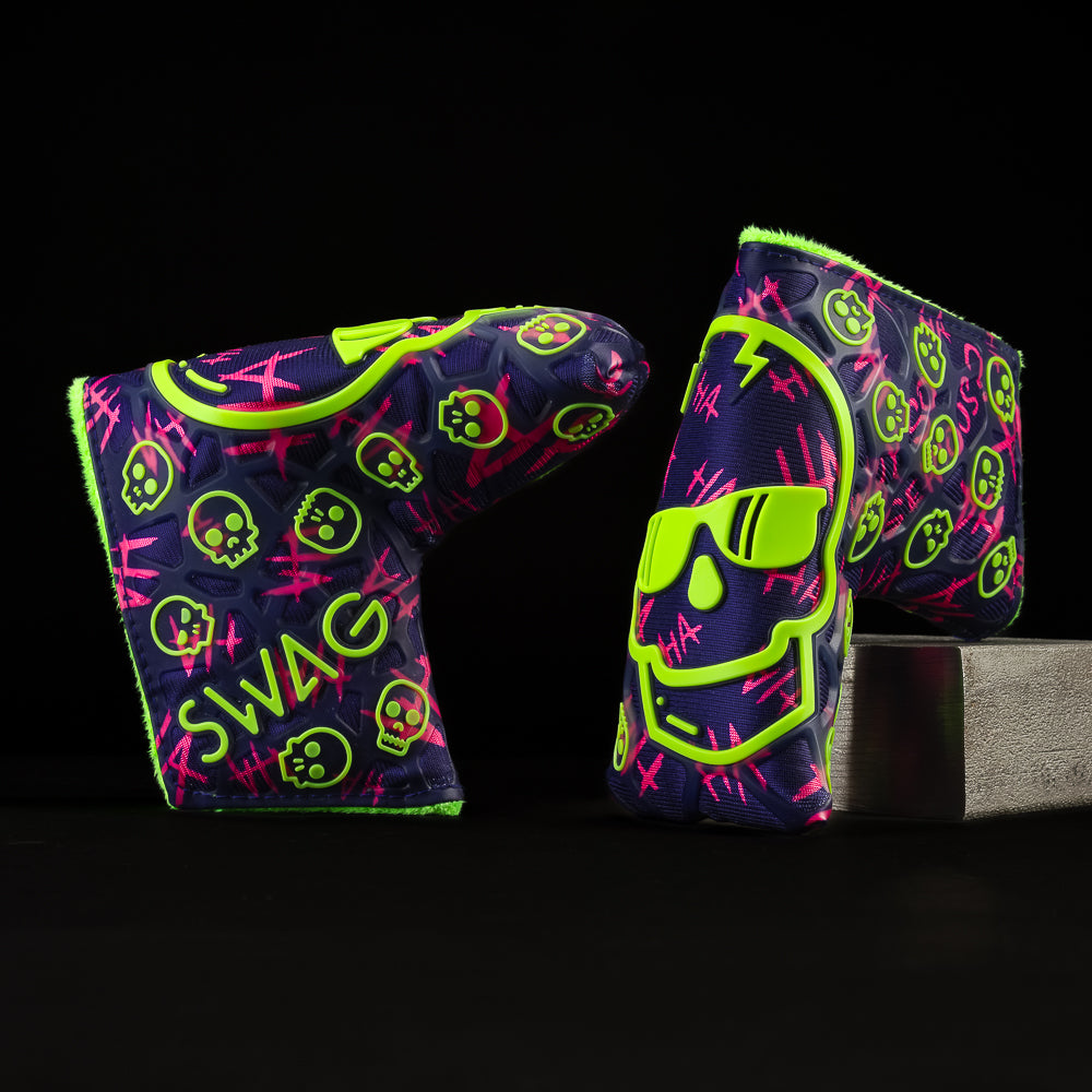 Purple TPU Defaced Skull blade putter headcover with neon green and neon pink accents. 