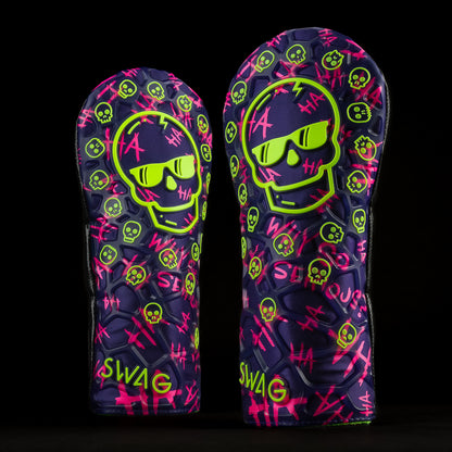 SWAG Purple TPU Defaced Skull driver golf headcover with neon green and neon pink accents. 