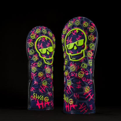 Purple TPU Defaced Skull fairway headcover with neon green and neon pink accents.