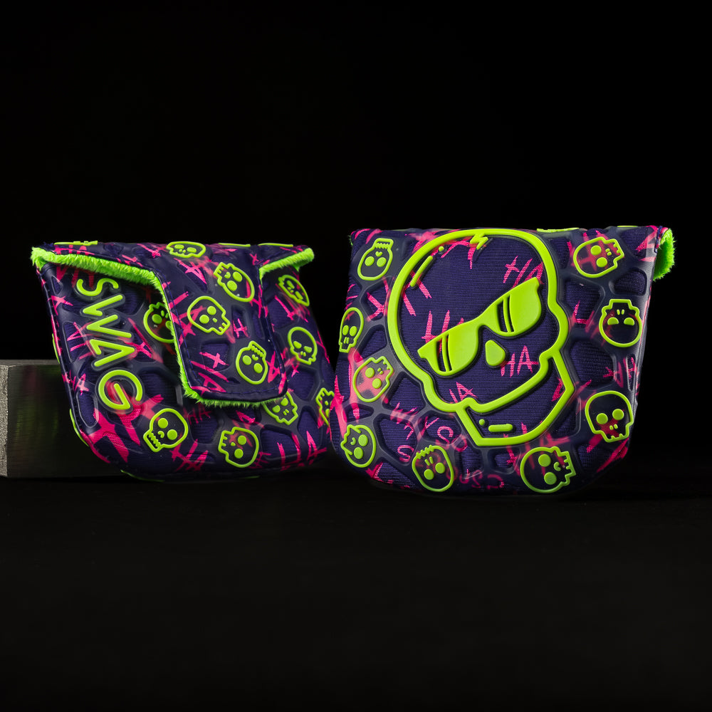 Purple TPU Defaced Skull mallet putter golf headcover with neon green and neon pink.