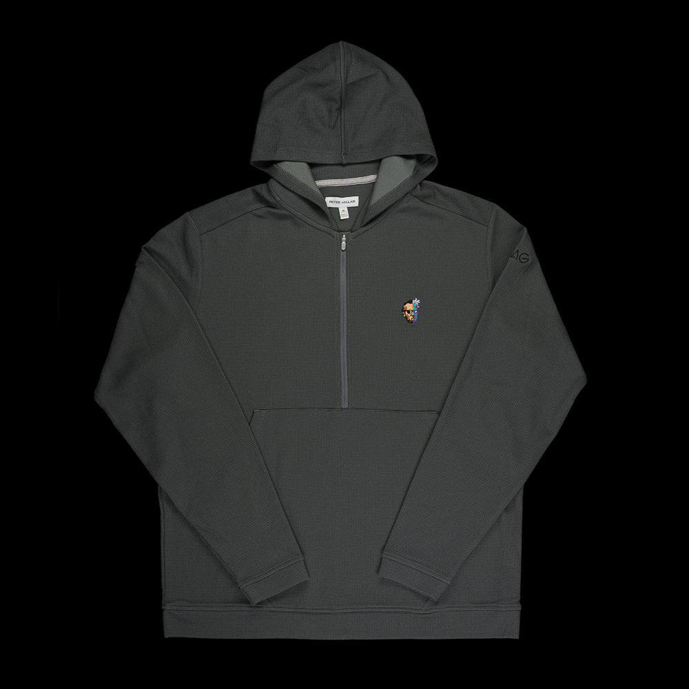 Two Face Half-Zip Hoodie in dark gray with two face design on the left chest. 