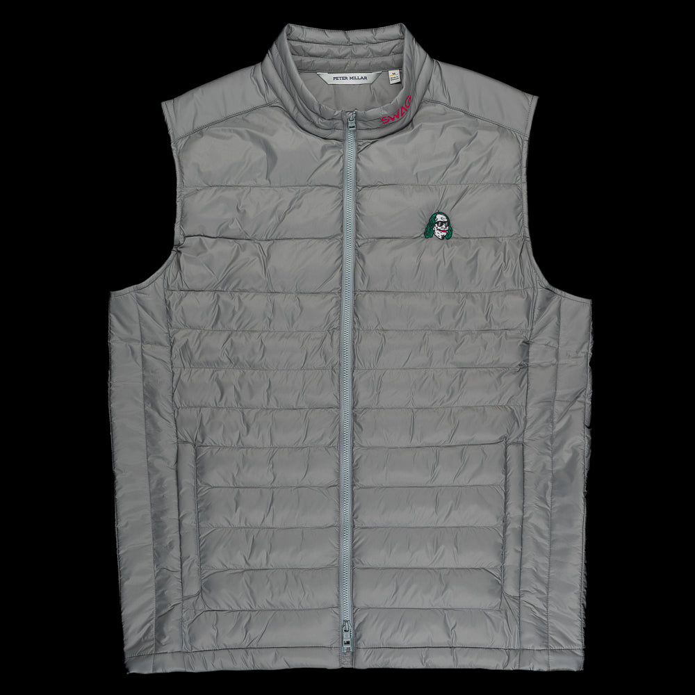 Gray down vest with defaced Benjamin on the left chest and SWAG in pink on the collar.