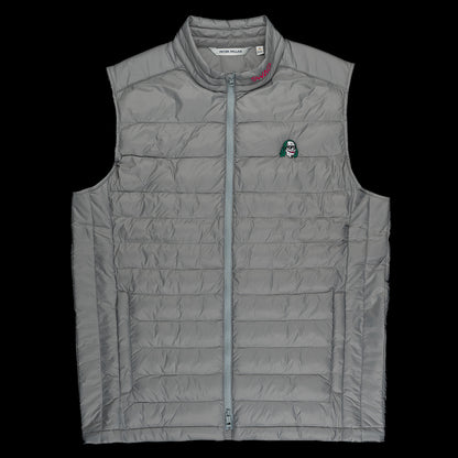 Gray down vest with defaced Benjamin on the left chest and SWAG in pink on the collar.