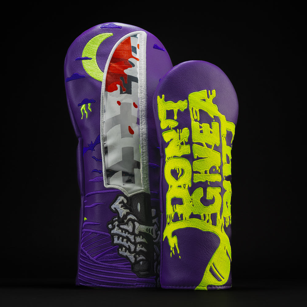 Shut the Knife Up Wood Set in purple with lime green wording and gray knife with red blood.