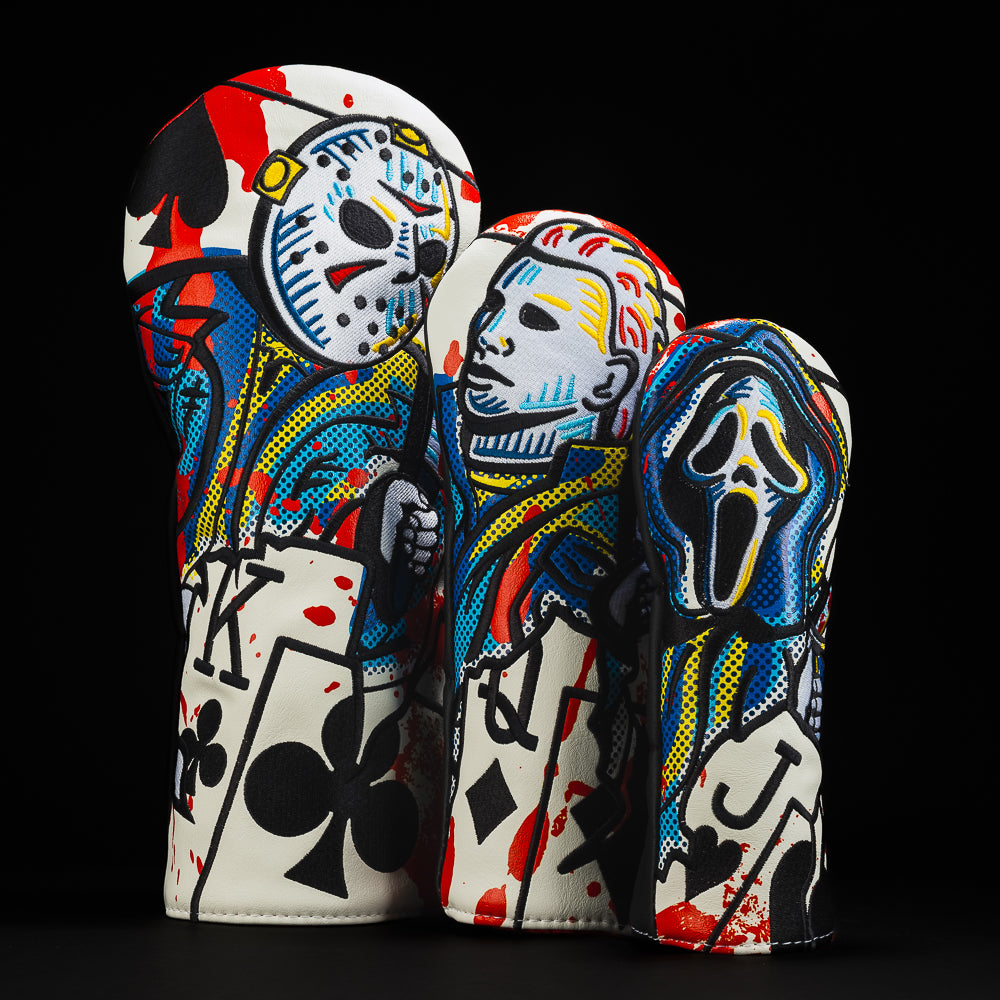 Slasher Royalty wood golf headcover set includes driver, fairway, and hybrid covers featuring iconic scary movie characters in blue, white, yellow, and red.