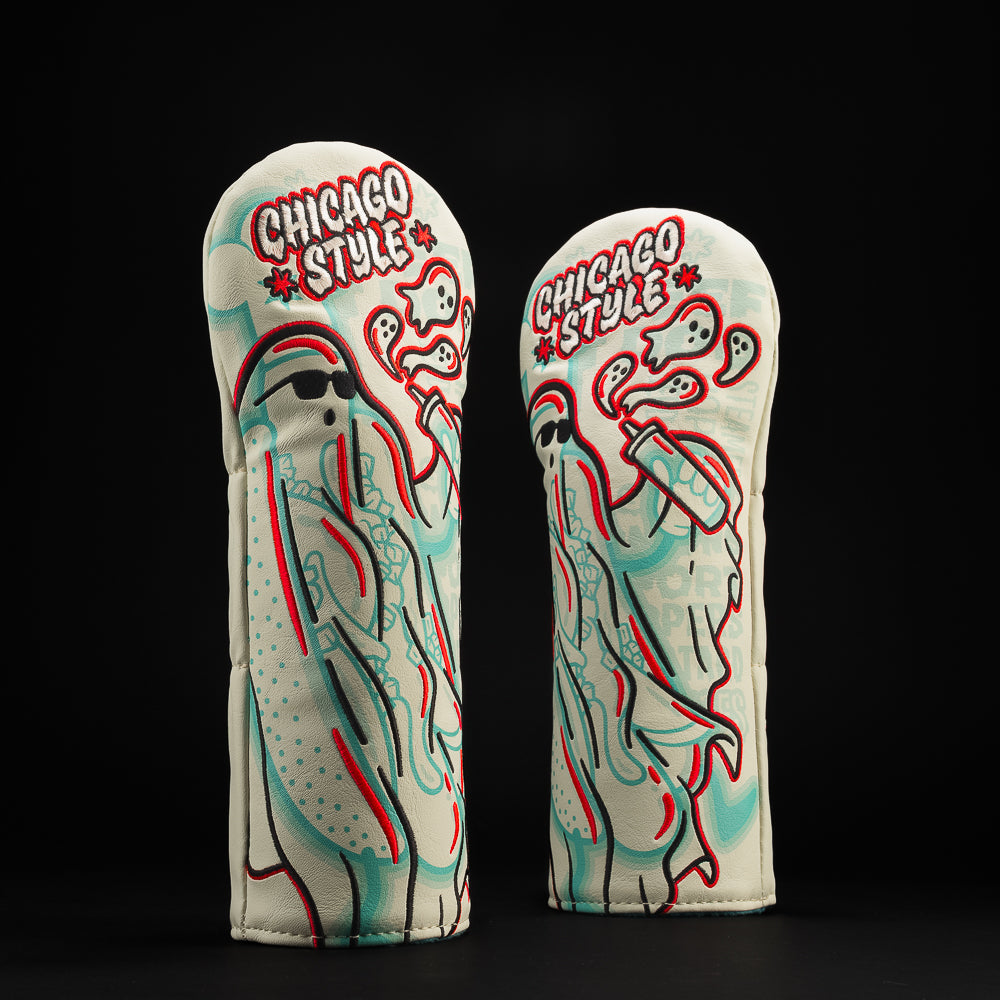 SWAG Chicago Style Hot Dog Ghost fairway wood golf headcover in white, teal and red.