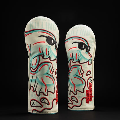 Flipper Ghost fairway golf headcover in white with red and teal. 