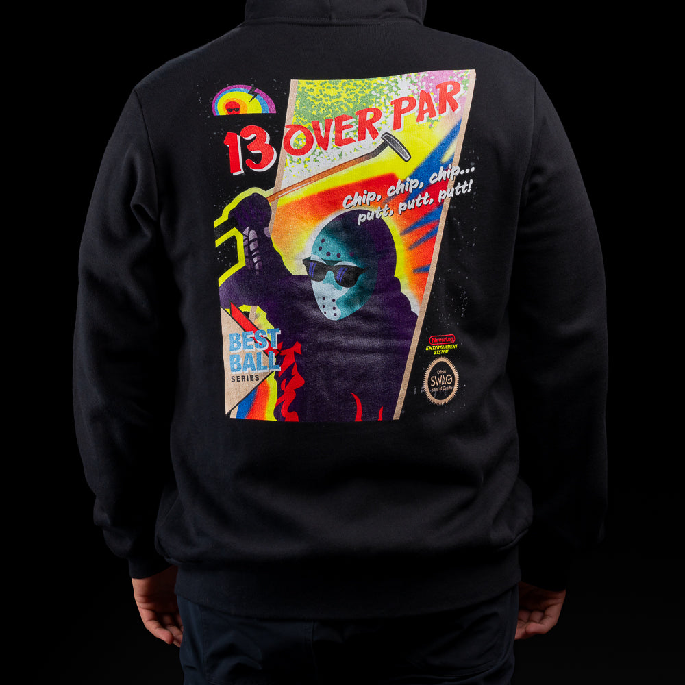 Black SWAG 13 Over Par Zipper Hoodie with small chest logo and retro horror-style graphic on back.