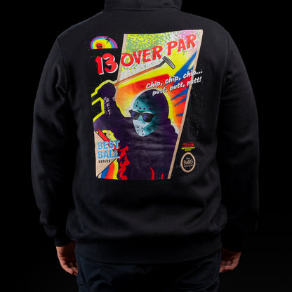Black SWAG 13 Over Par Zipper Hoodie with small chest logo and retro horror-style graphic on back.