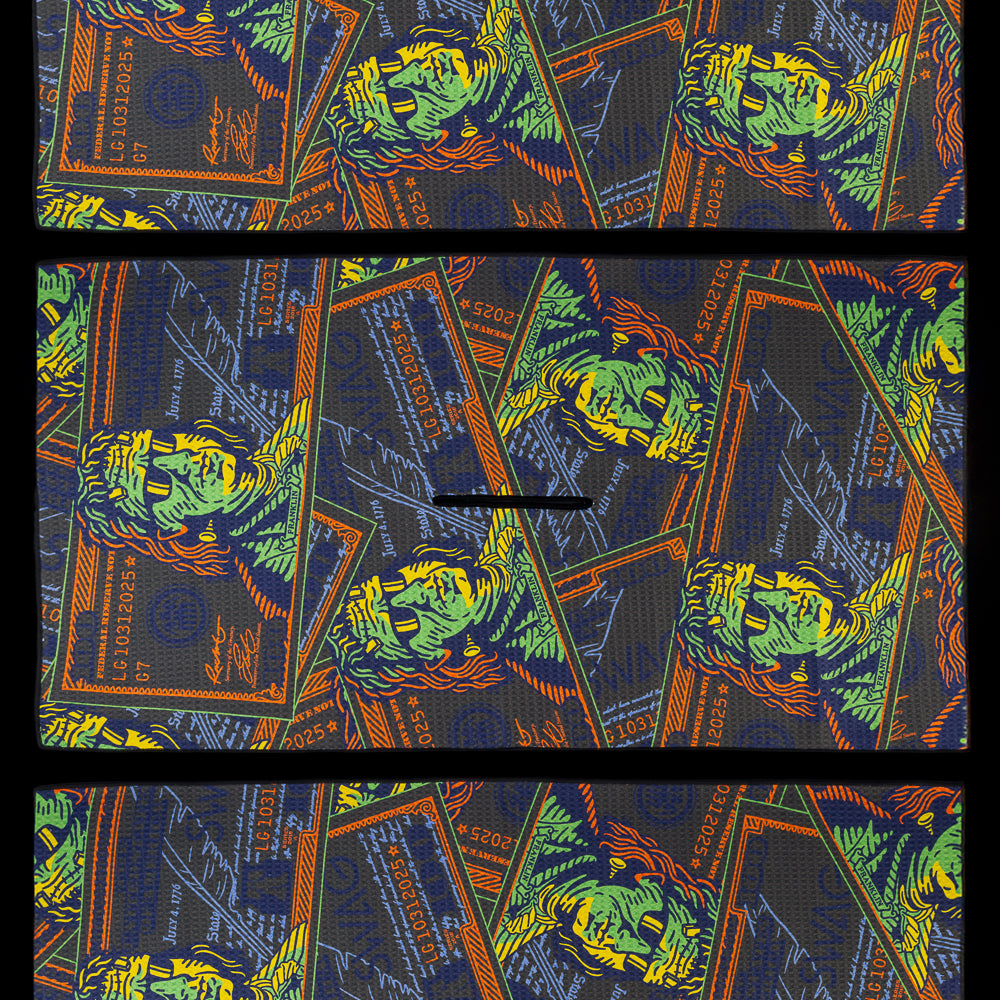 Waffle knit golf towel with neon $100 bill design featuring Ben Franklin-Stein’s Monster.