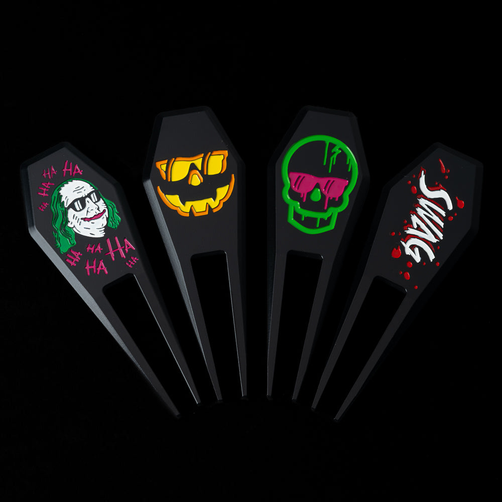 SWAG Golf Halloween coffin themed black stainless steel golf divot tools.