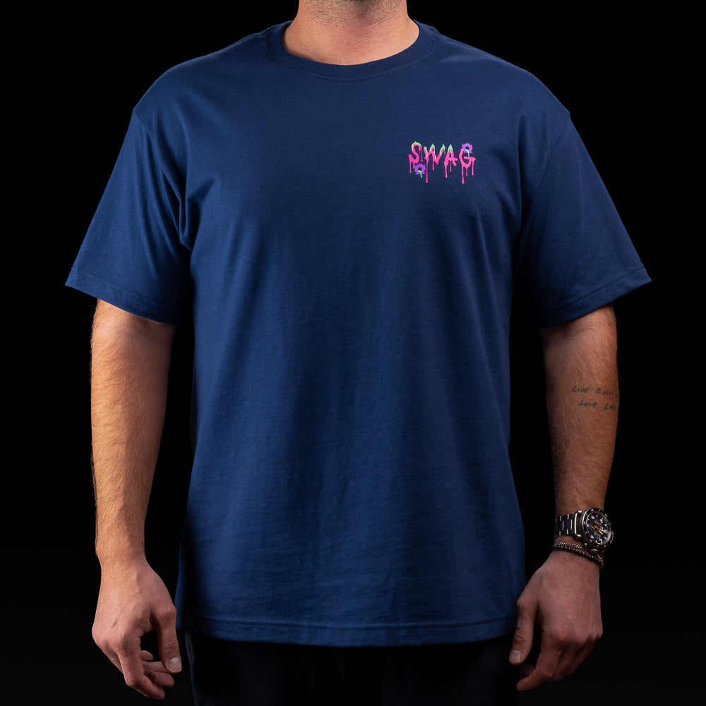 Navy Dead Inside SWAG T-shirt with dripping logo front and neon zombie Lincoln graphic on back.