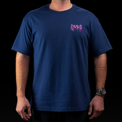 Navy Dead Inside SWAG T-shirt with dripping logo front and neon zombie Lincoln graphic on back.