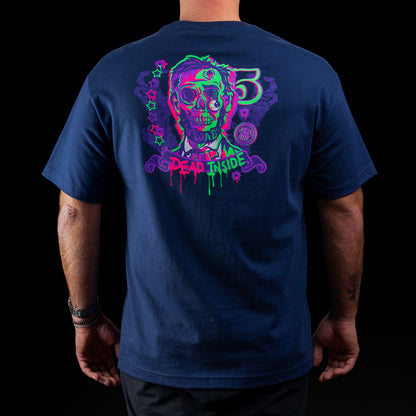 Navy Dead Inside SWAG T-shirt with dripping logo front and neon zombie Lincoln graphic on back.