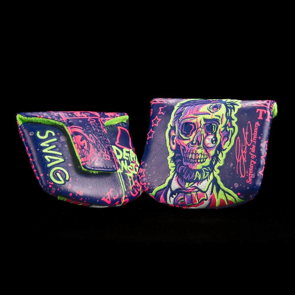 Dead Man Walking Mallet Putter Cover with neon graffiti Lincoln half-skeleton design.