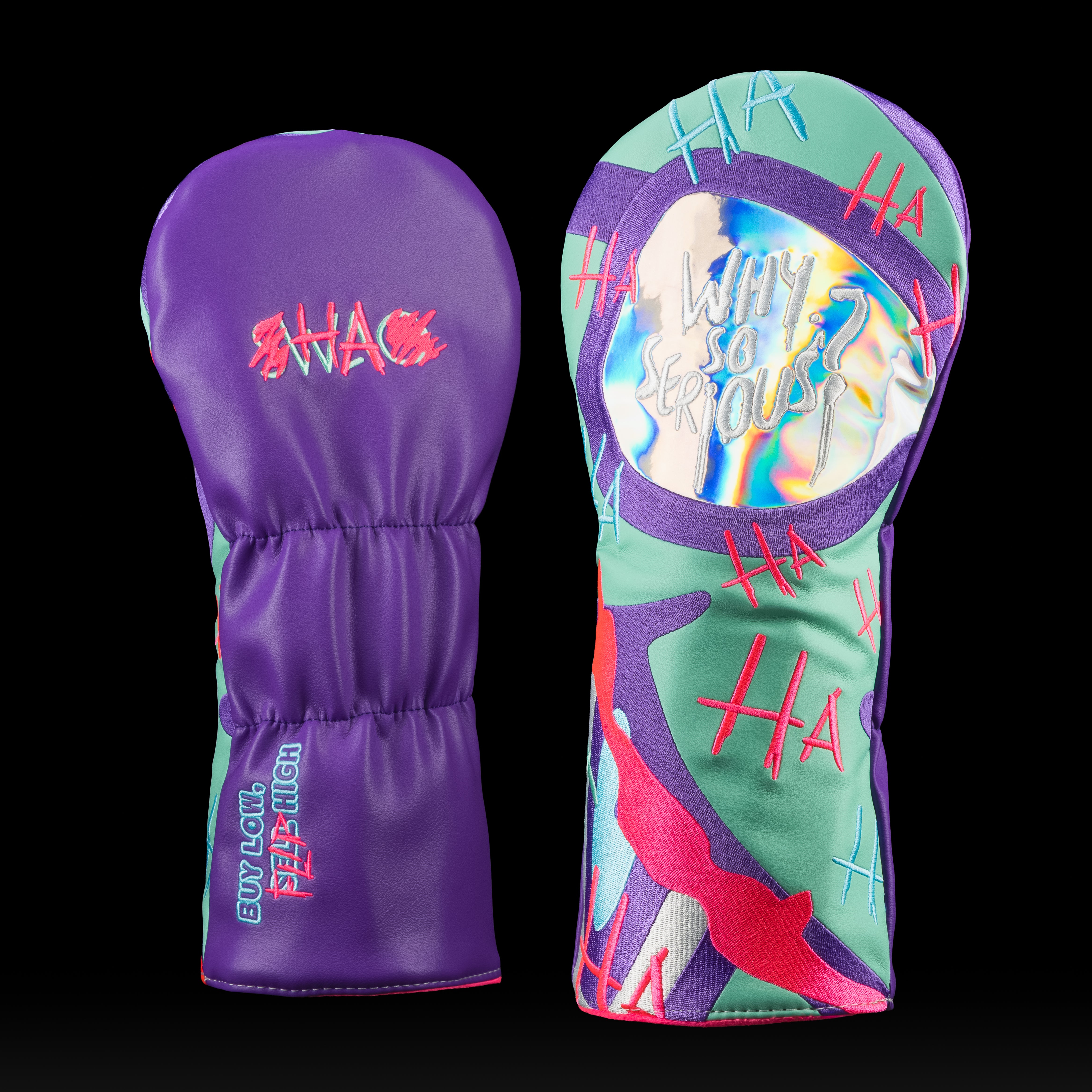 Defaced Flipper Driver Headcover with neon graffiti design and “Why So Serious?” graphic.