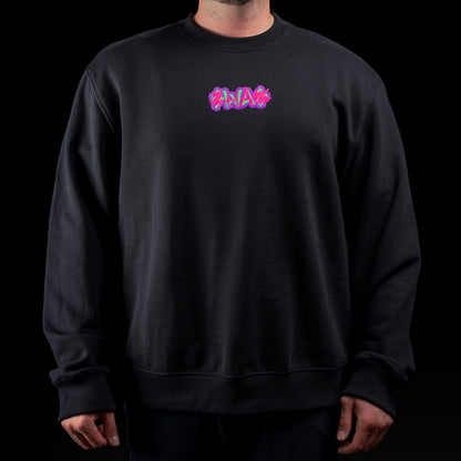 Black crewneck sweater with SWAG chest logo and neon joker skull king graphic on back.