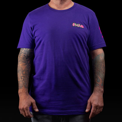 Purple SWAG t-shirt with neon joker skull king graphic and graffiti HA scribbles on the back.