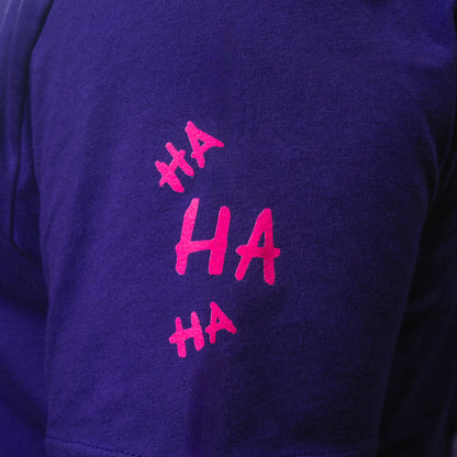 Purple SWAG t-shirt with neon joker skull king graphic and graffiti HA scribbles on the back.