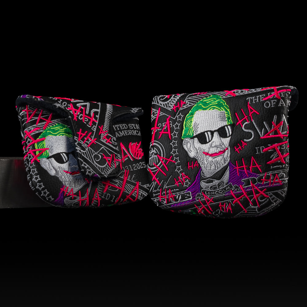 Defaced Lincoln Mallet Putter Cover with neon graffiti HA design and defaced Lincoln dollar graphic.