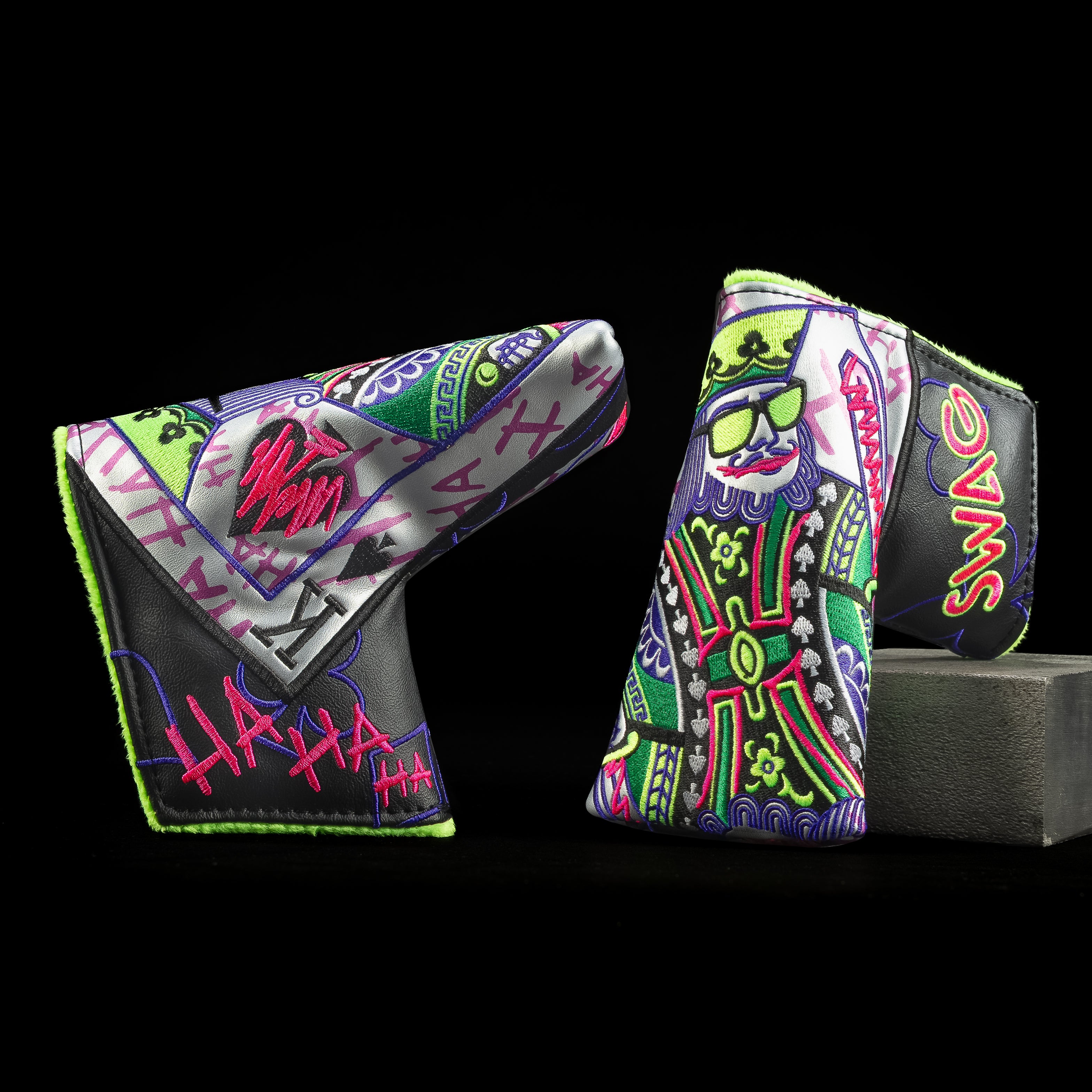 Defaced King Blade Putter Cover with neon graffiti card design, SWAG logo, and HAHA scribbles.