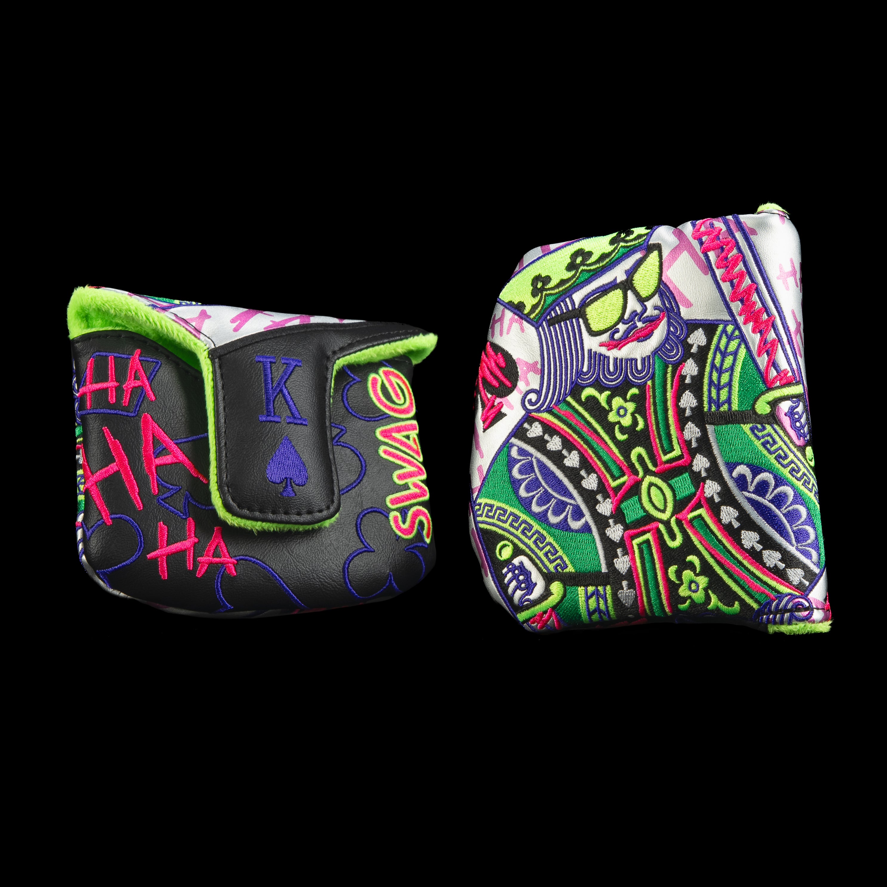Defaced King Mallet Putter Cover with neon graffiti playing card design and HAHA scribbles.